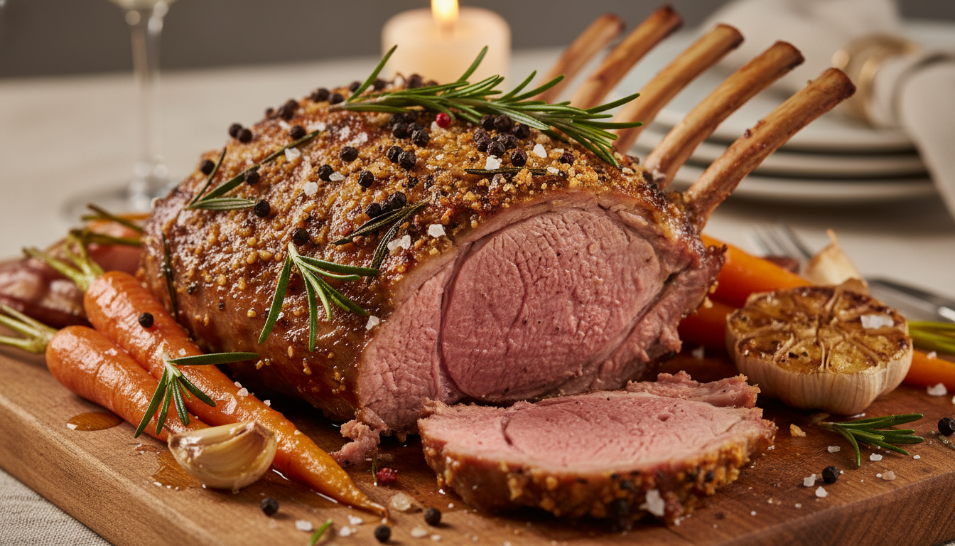 Roasted rack of lamb seasoned with rosemary, salt and pepper.