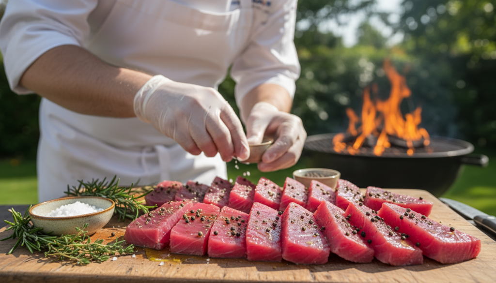 preparing grilled tuna for the grill