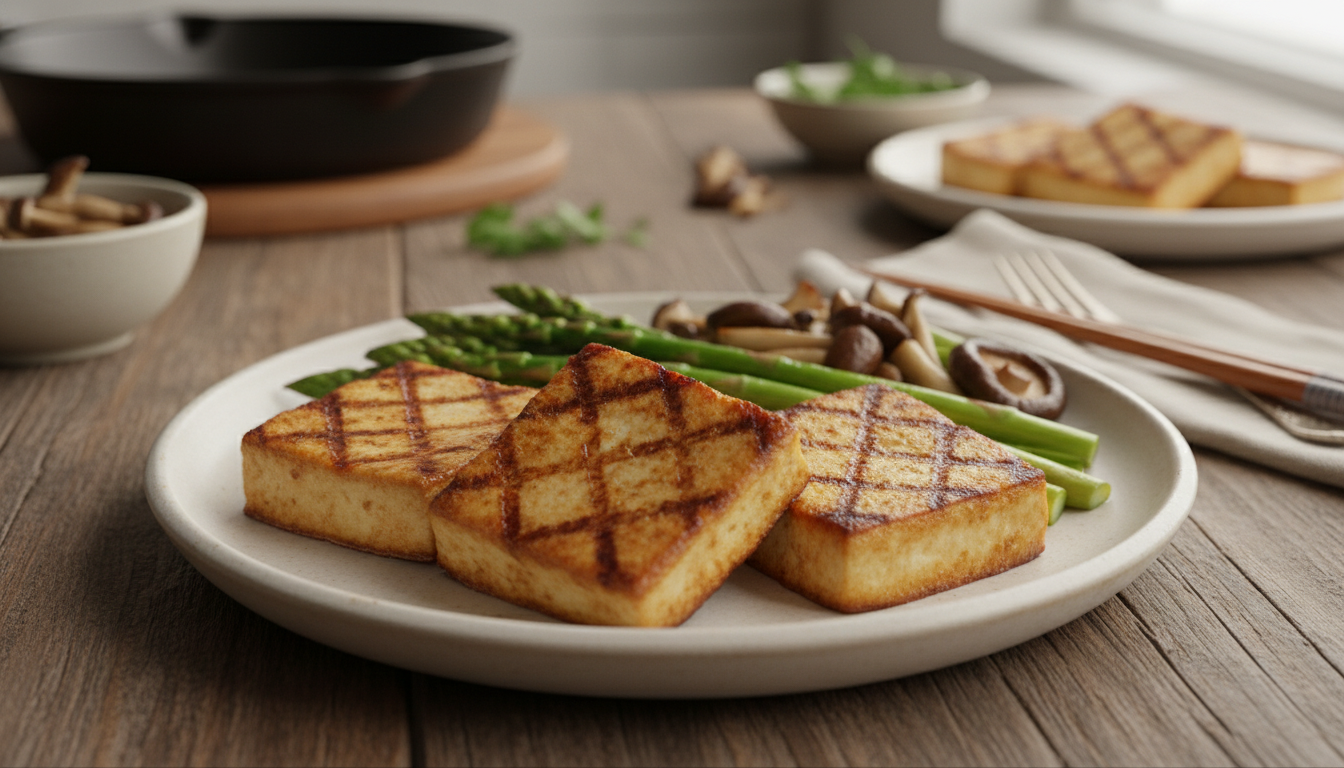 Fresh homemade tofu grilled, and served with asparagus and mushroom.